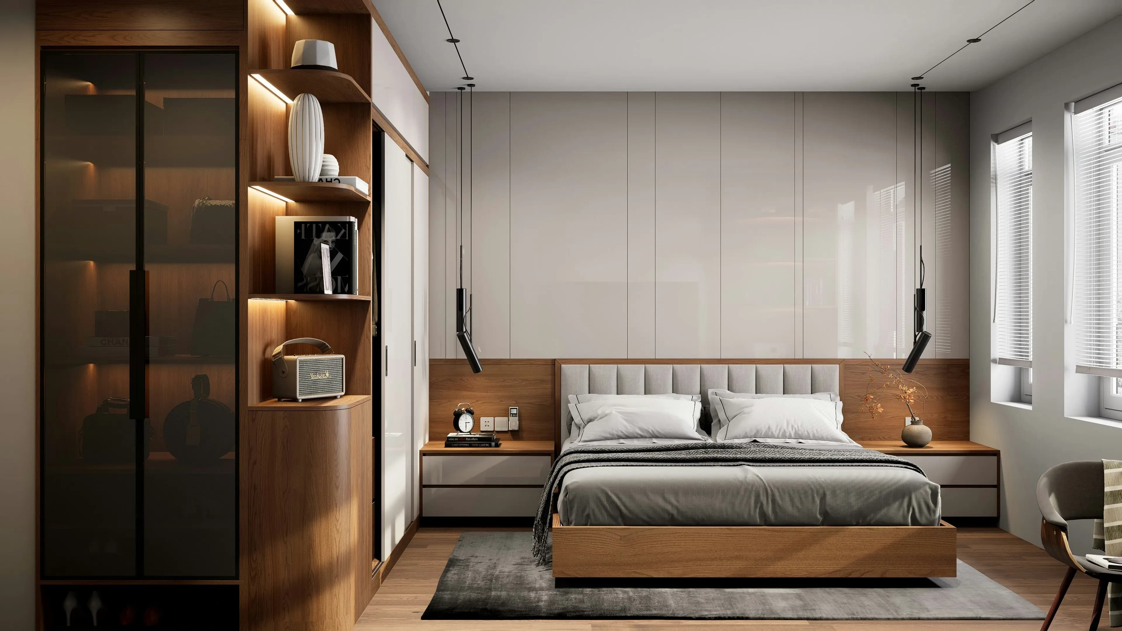 Luxurious modern bedroom interior with elegant wooden accents, soft ambient lighting, and minimalist furniture creating a serene and sophisticated sleeping space